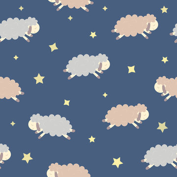 Cute jumping sheep seamless pattern in pastel colors, sheep and stars repeat pattern, good night kids pattern