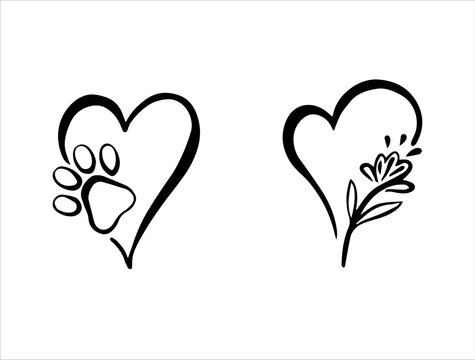 Heart paw and heart rose flower. Black line doodle love logo. Vector tattoo outline illustration. Nature monochrome line art design. Hand drawn simple linear art