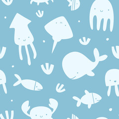 Monochrome cute sea animals silhouette pattern. Doodle stamp marine seamless vector baby print.