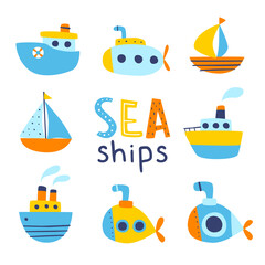 Sea doodle ships baby set. Cartoon nautical boats vector collection for kids. Naive water transport bundle.