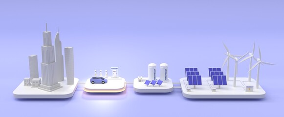 Filling station with electric car. Concept of green energy with renewable resources. Isometric 3d layout smart city with fuel cell vehicle, solar panels, wind turbines and hydrogen storage tank