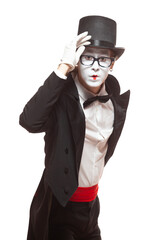Portrait of a male mime artist performing, isolated on white background. Mime holds his hat by hand and looks at camera with surprised look
