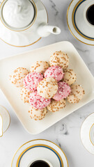 White and pink chocolate covered bun in a coffe time table