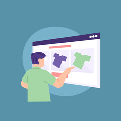 illustration of a male customer shopping for clothes online on an e-commerce website. online shopping concept, clothes shop, virtual market. business and technology. flat cartoon style. vector design