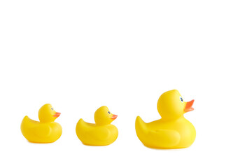 Three yellow rubber ducks on a white background.