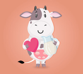 Funny Cute cow holds a milk with a heart. Healing natural dairy sign. Design for print, emblem, t-shirt, party decoration, sticker, logotype.