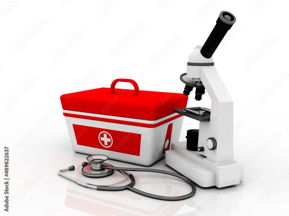 Poster 3d rendering microscope with first aid box near stethoscope
