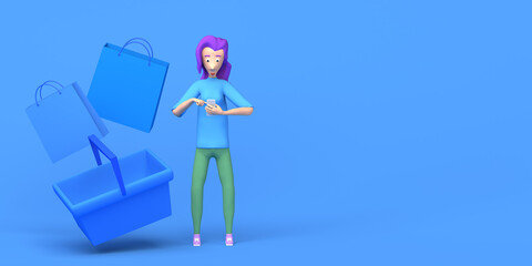 Woman shopping online with smartphone. Copy space. 3D illustration. Cartoon.