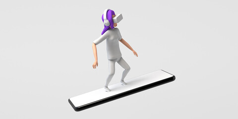 Young woman with virtual reality goggles floating on a smartphone in the metaverse. 3D illustration. Copy space.
