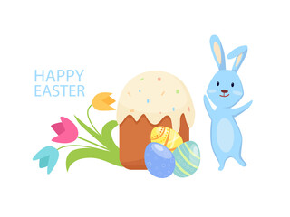 Easter vector cartoon illustration with bunny, flowers and painted eggs