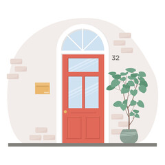 Retro vintage front doors. Vector illustration on white isolated background. Flower in a pot