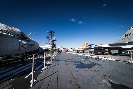 View of airplanes parked on the flight deck of the aircraft carrier USS Intrepid, Intrepid Sea, Air and Space Museum, New York, NY, USA