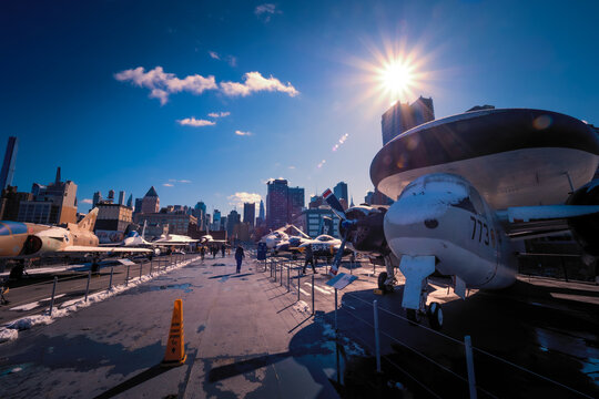 View of a Grumman E-1 Tracer parked on the flight deck of the aircraft carrier USS Intrepid, Intrepid Sea, Air and Space Museum, New York, NY, USA