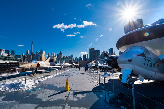 View of airplanes parked on the flight deck of the aircraft carrier USS Intrepid, Intrepid Sea, Air and Space Museum, New York, NY, USA