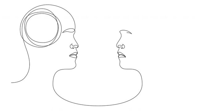 Self drawing animation of one continuous line two human heads with opposite thinking. The concept of chaos and order in thoughts.