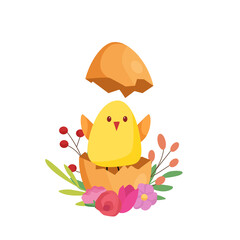 Cute chick in shell and flowers for easter design. Vector cartoon
