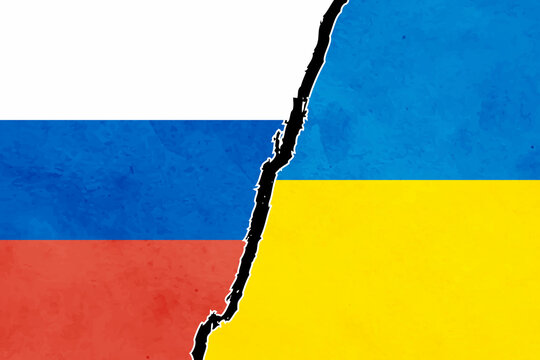 Russia and Ukraine Flags. National flags of Russia vs Ukraine grunge pattern on the broken weathered wall with cracks background. Flag of the two countries.