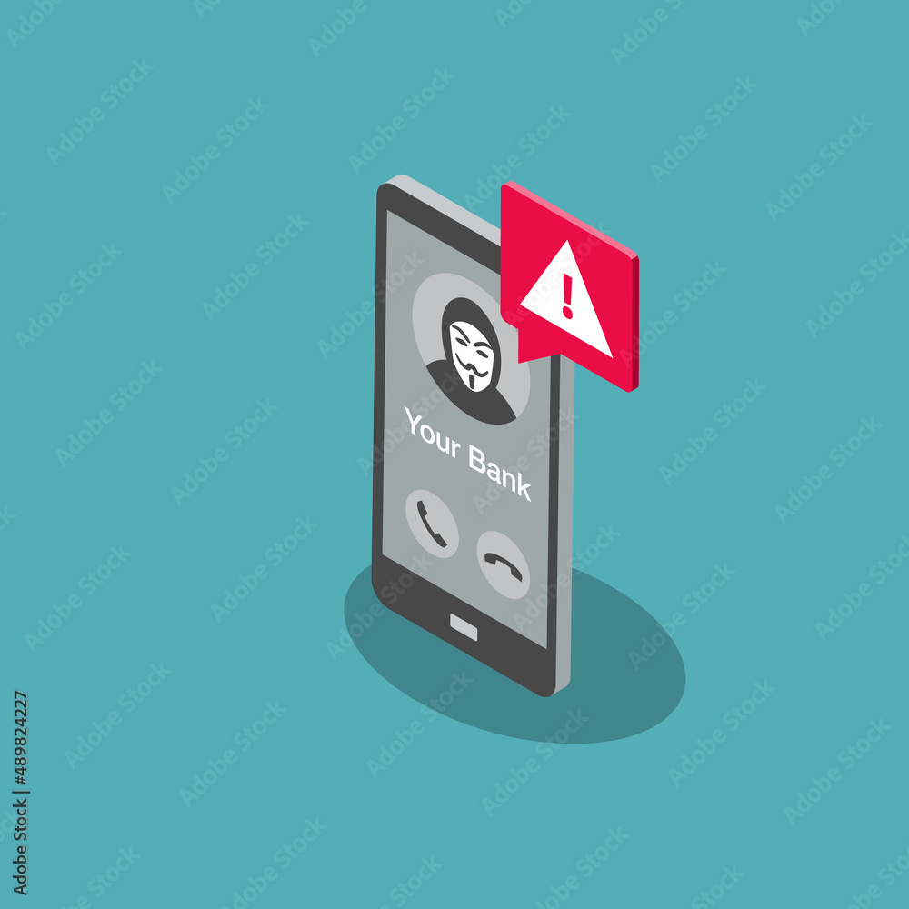 Aufkleber voice phishing symbol with a smartphone and fake bank phone call. flat design, easy to use for your 