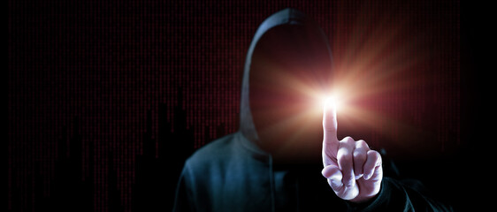Hacker security cyber attack. Hacker man hand isolated on black. Blurred internet web hack technology with flare ray flash effect. Login and password, cybersecurity banner concept.