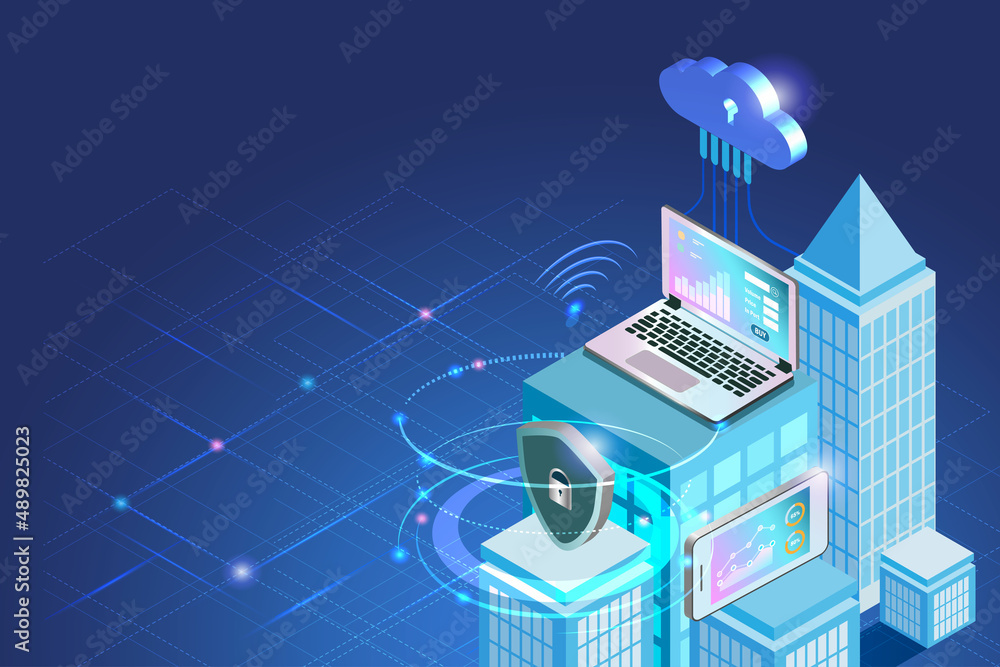 Poster smart city buildings with digital wireless cloud computing technology and cyber security protection 