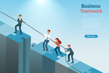 Business success teamwork, collaboration, partnerships, and problem solving strategy. Businessman leader pull rope help partners to success target on jigsaw puzzle pathway.