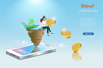 Metaverse virtual land for sale, Futuristic real estate investment, financial technology in VR world. Woman sit on virtual land for sale on smartphone screen with falling crypto currency coins. - obrazy, fototapety, plakaty