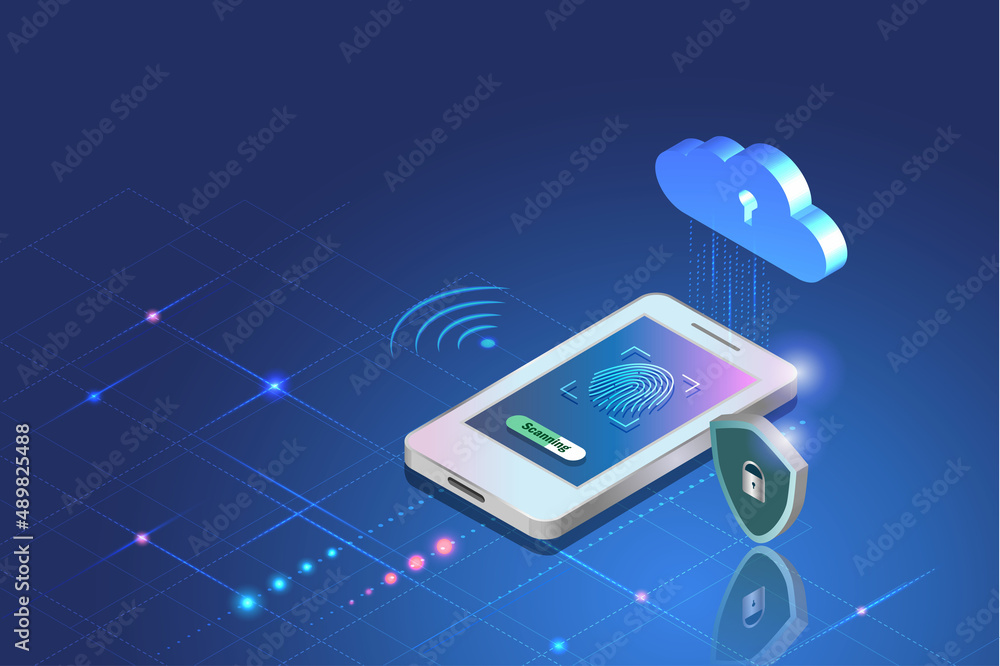 Poster biometrics security, fingerprint scanning sccess to cloud computing on smart phone. innovation secur