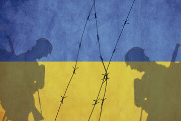Flag of Ukraine painted on a concrete wall with soldiers shadows. Relationship between Ukraine and Russia 