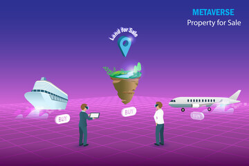 Metaverse airplane, cruise ship and land for sale, virtual real estate and property investment technology.  Businessman buy property for sale in metaverse cyber space futuristic environment background