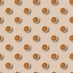 Seamless pattern with black aromatic coffee in a paper craft cup on a brown background. Top view. The concept of eco and zero waste. Eco-friendly use