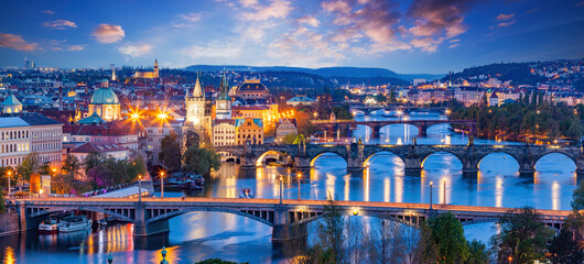 Prague, Czech Republic bridges panorama with Charles Bridge