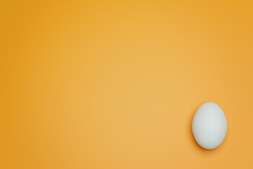 One white chicken eggs on yellow background top view. Creative food minimalistic background.