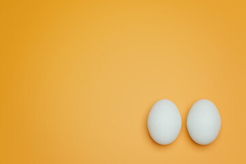 Two white chicken eggs on yellow background top view. Creative food minimalistic background.