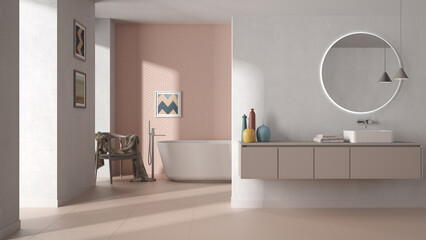 Fototapeta na wymiar Modern minimalist bathroom in pastel tones, washbasin with mirror, bathtub, tiles and concrete walls, armchair, colored vases and decors, interior design project concept idea