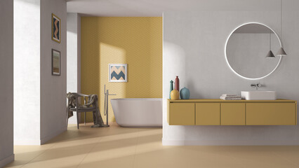Modern minimalist bathroom in yellow pastel tones, washbasin with mirror, bathtub, tiles and concrete walls, armchair, colored vases and decors, interior design project concept idea