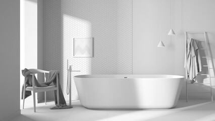 Fototapeta na wymiar Total white project draft, modern minimalist bathroom, freestanding bathtub, mosaic hexagonal pastel tiles, armchair with fur, contemporary interior design showcase concept idea