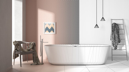 Architect interior designer concept: hand-drawn draft unfinished project that becomes real, bathroom, bathtub, mosaic tiles, armchair with fur, contemporary showcase concept idea