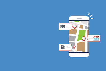 Store locator tracker app. Mobile gps navigation. Vector illustration.	