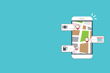 Store locator tracker app. Mobile gps navigation. Vector illustration.	