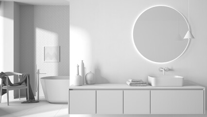 Obraz na płótnie Canvas Total white project, cozy minimalist bathroom, washbasin with mirror, bathtub, tiles and concrete walls, armchair, colored vases and decors, interior design project concept idea