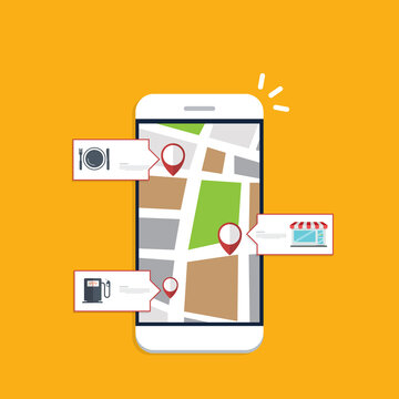 Store locator tracker app. Mobile gps navigation. Vector illustration.	