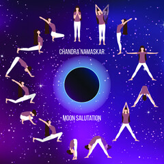 Moon yoga salutation. Chandra namaskar. Set of yoga poses. Vector illustration