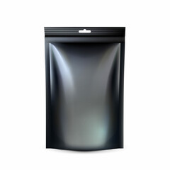 Bag black pouch zip pack. Coffee foil black mockup. Stand doypack design. Matte plastic blank. vector realistic illustration