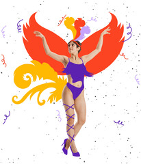 Contemporary art collage with beautiful young woman in drawn colorful carnival peacock costume. Concept of festival, holdiays, art, fashion