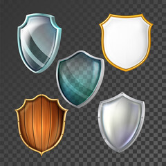 Shield protect guard set. Safety emblem. Defense background. Safe symbol. Care icon badge. Transparent glass, wooden, gold, metal shield protect blank. 3d realistic vector