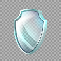 Glass shield protect. Armor sign. Crystal safety. Transparent glass. 3d realistic vector