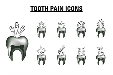 Tooth pains icon set, Vector icon isolated on white background, caries illness concept, 3D illustrations logo, Black and white pictogram set.