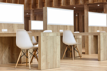 Modern work place interior with wood finish. Coworking office