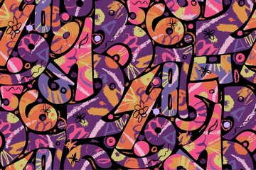 Seamless pattern. Bright neon numbers in purple tones. School math pattern on a black background. Vector.