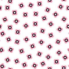 Pink spring flower seamless pattern in hand drawn cute doodle style. Trendy and modern floral illustration designs for textile prints, wallpapers, cards, gift wrapping paper, pattern for girls.